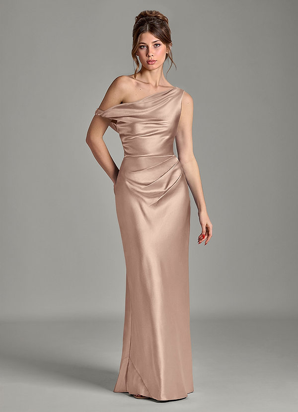 Emerson Bridesmaid Dresses Taupe Mermaid Off the Shoulder Metallic Satin Dress image1
