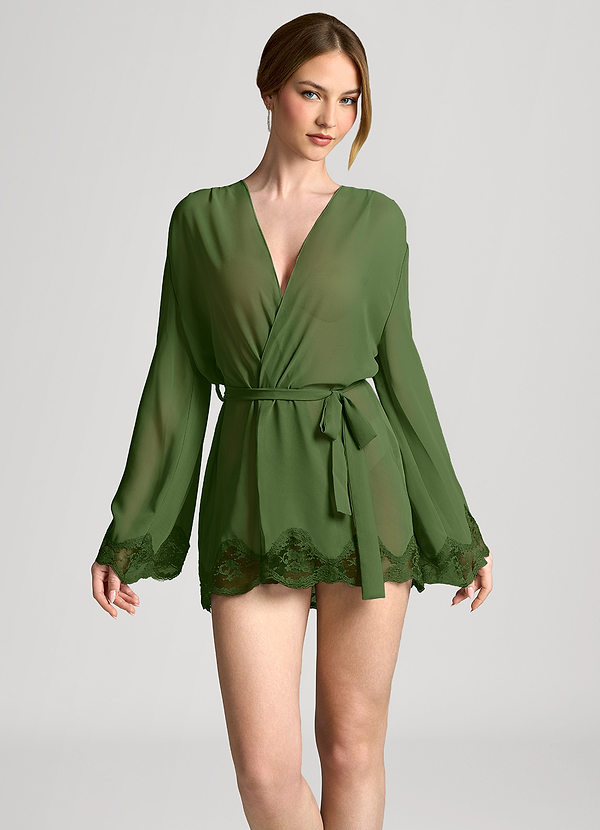 front Oliva Bata de gasa con ribete de encaje festoneado