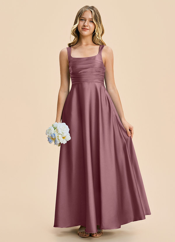 Azazie Azaria Junior Amethyst A-Line Pleated Stretch Satin Dress image1