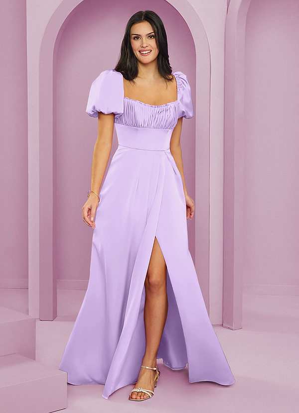 Barbie ♥ Azazie Bridesmaid Dresses Lilac A-Line Ruched Stretch Satin Dress image1