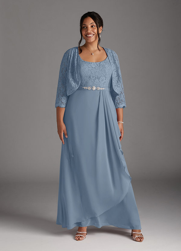 Azazie Ainsling Robe Mère de la Mariée & du Marié Robe Trapèze en Mousseline de soie Dentelle à encolure carrée Bleu Poussiéreux image1