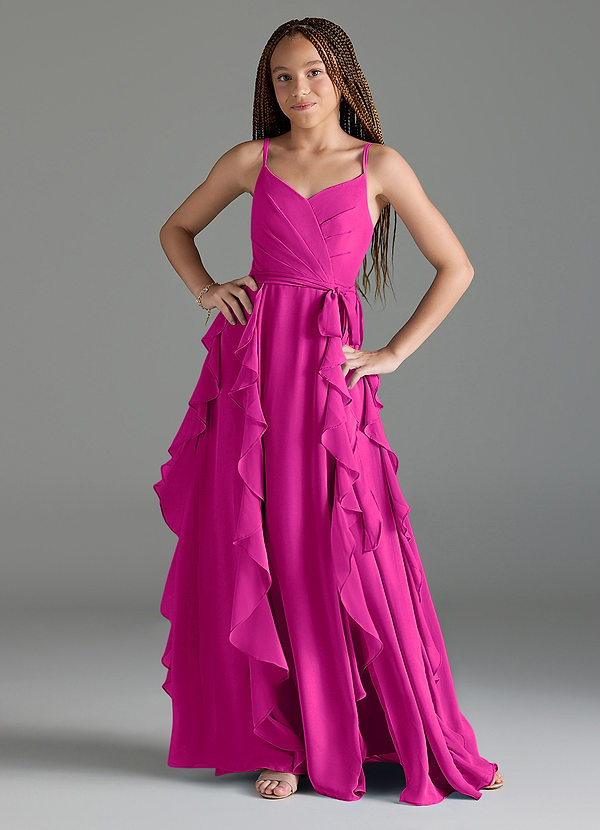 Azazie Peyton Junior Fuchsia A-Line V-Neck Cascading Ruffles Chiffon Dress image1