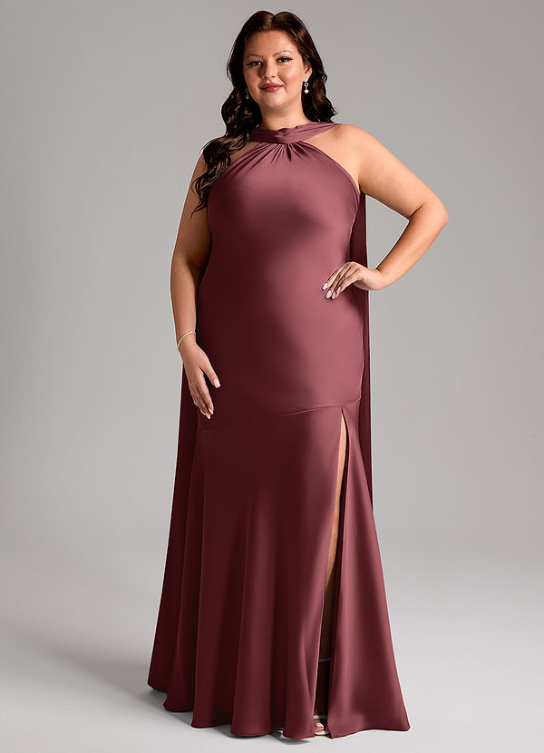 Azazie Kinsley Vestidos Dama de Honor Vestido de Merlot de Satén Elástico de Corte Sirena con Corte Lateral image1