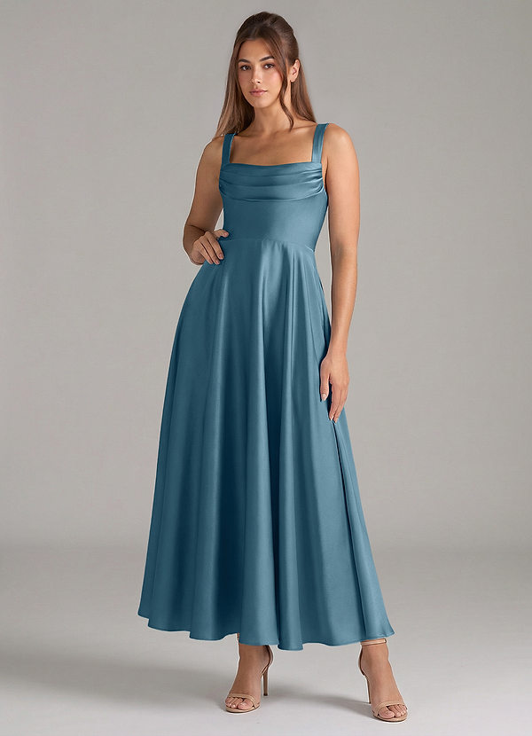 Azazie Shaude Bridesmaid Dresses Bermuda A-Line Pleated Stretch Satin Dress image1