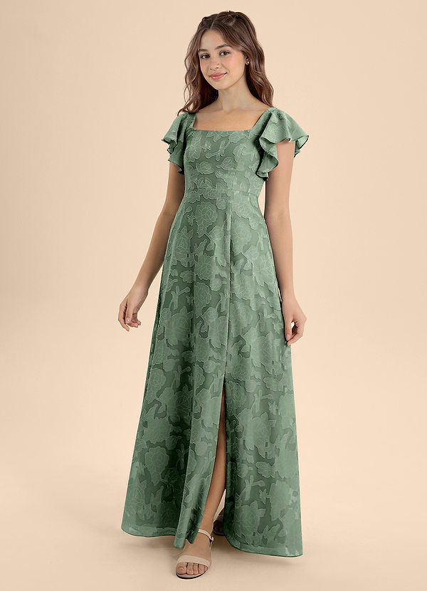 Azazie Bondi Junior Robe Trapèze en Blumen-Burnout Arc Matcha image1