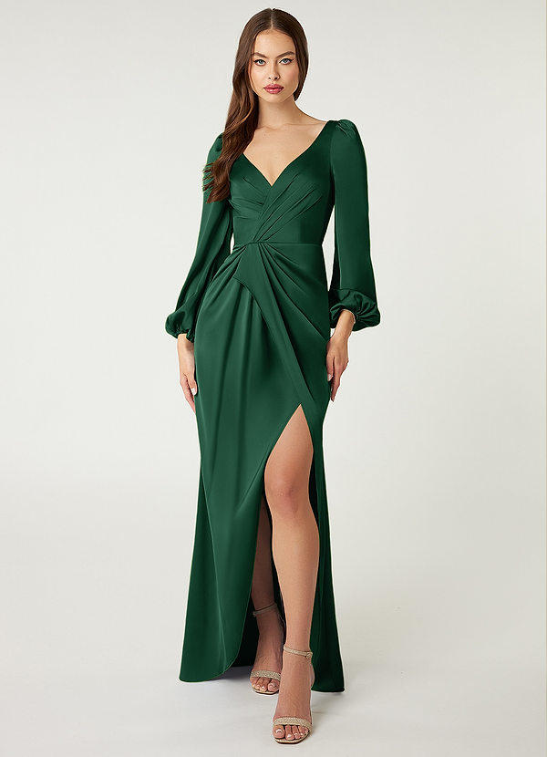 Azazie Mel Bridesmaid Dresses Dark Green Sheath Long Sleeve Stretch Satin Dress image1