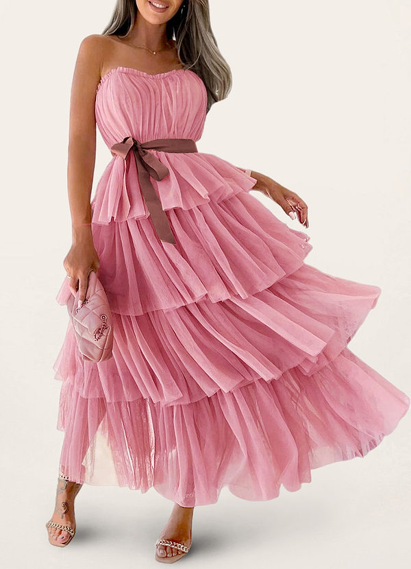 front Tulle-Proof Pink Tulle Strapless Tiered Maxi Dress