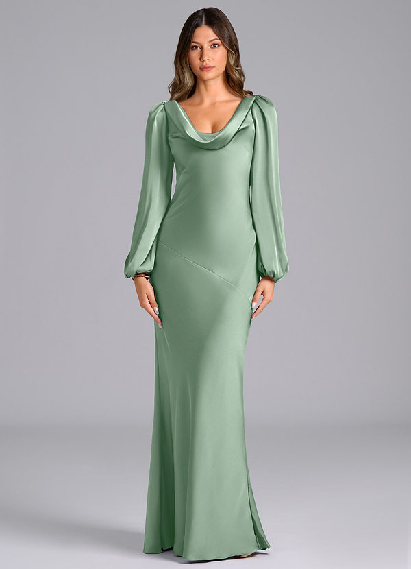 Azazie Melani Abiti da Damigella Abito Sirena in Raso Elasticizzato Manica Lunga Agave image1