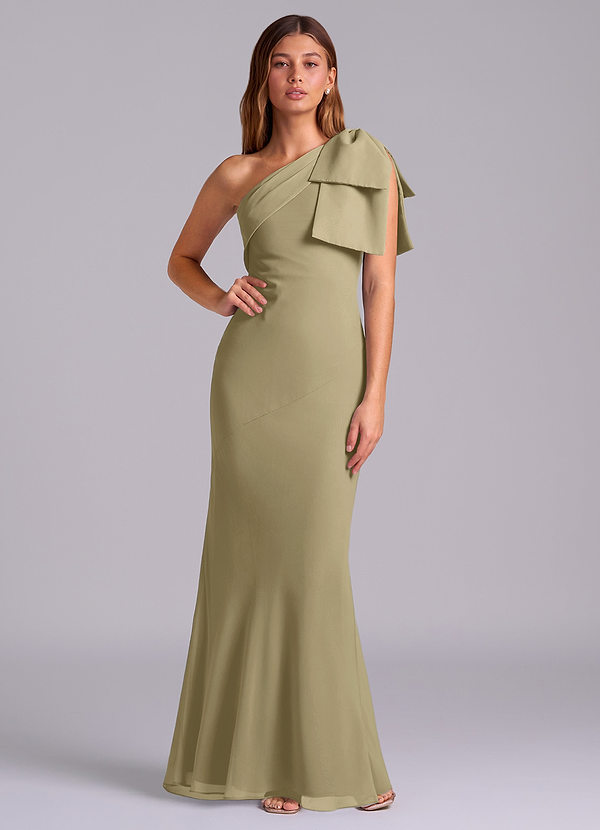 Azazie Yuanna 신부 들러리 드레스 인어 한쪽 어깨 쉬폰 바닥 길이 드레스 image1