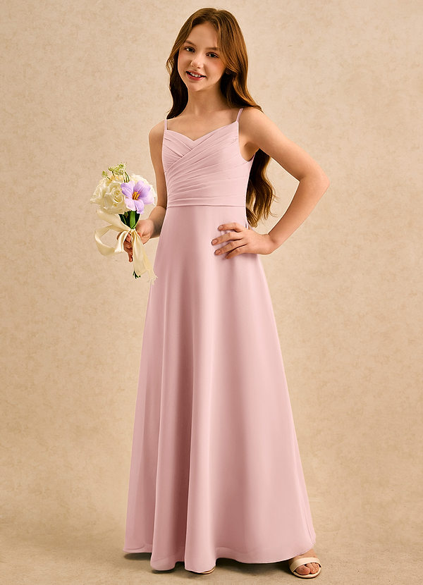 Azazie Hollie Girls Formal Robes de Fillette d'Honneur Robe Trapèze en Mousseline de soie Encolure en Forme de Cœur Rose Poudré image1