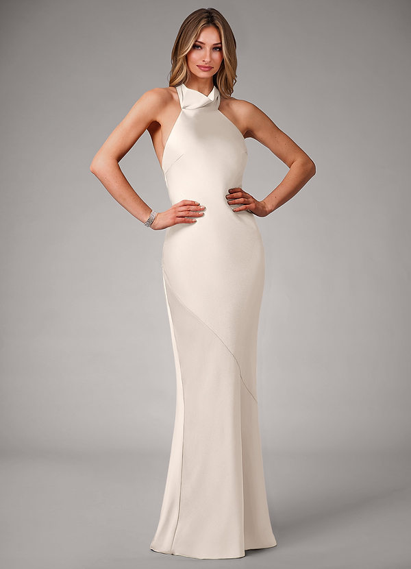Azazie Velli Bridesmaid Dresses White Alabaster Mermaid High Neck Stretch Satin Dress image1