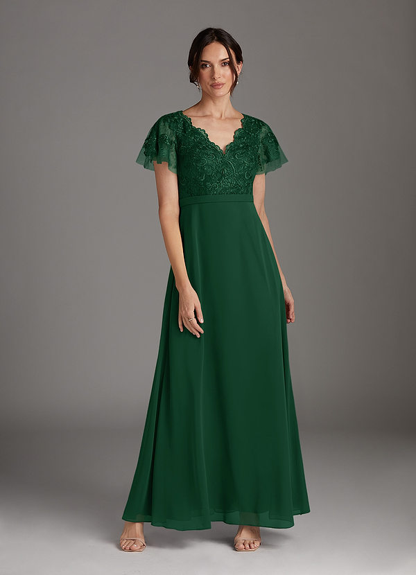Azazie Singer Mother of the Brides Dresses Dark Green A-Line V-Neck Lace Chiffon Dress image1