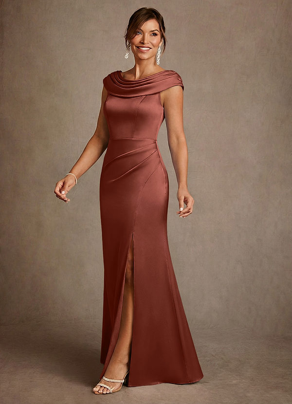 Azazie Irvine Mother of the Brides Dresses Auburn A-Line Pleated Stretch Satin Dress image1