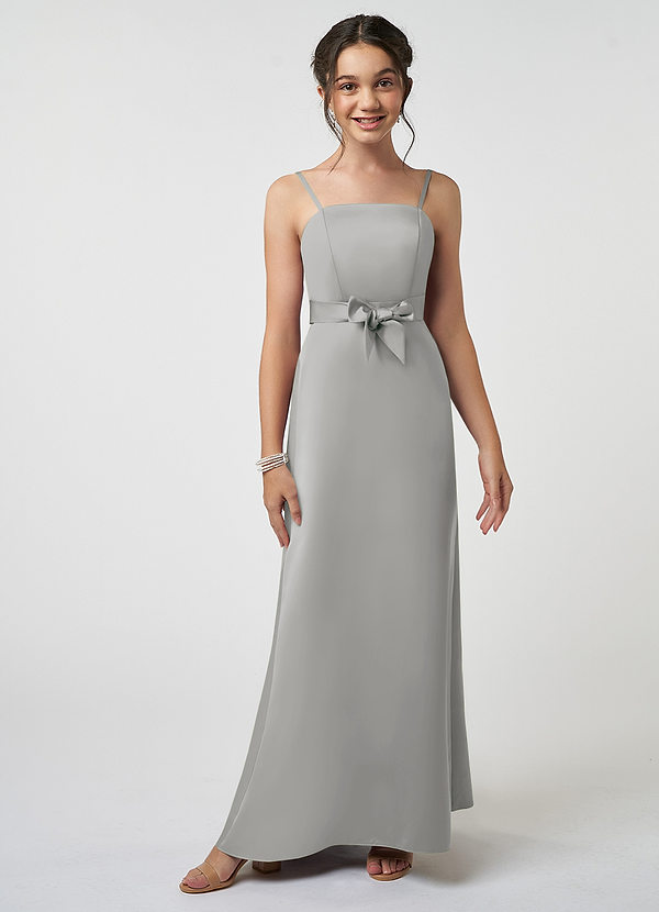 Azazie Anina Junior Silver A-Line Bow Stretch Satin Dress image1