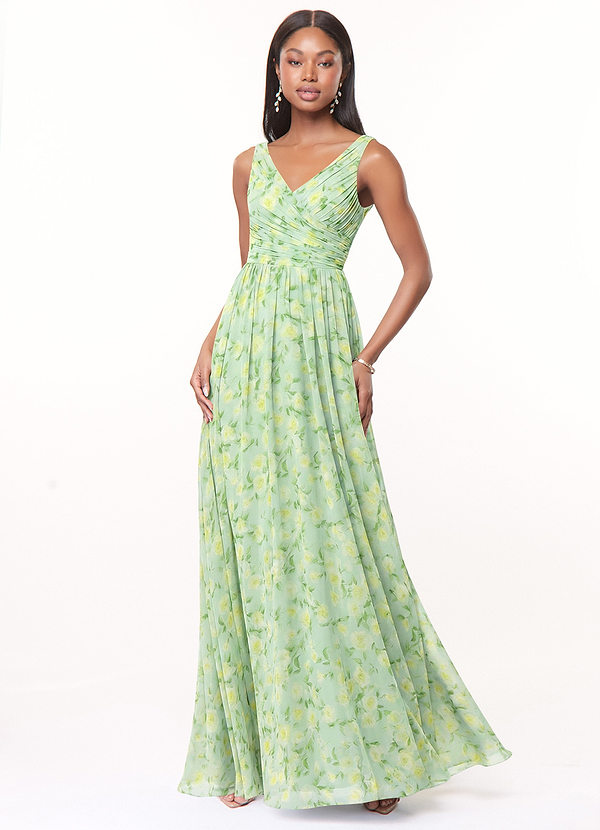 Azazie Keyla Vestidos de Dama de Honor Vestido Sálvia Floral Sonhadora de Chiffon de Linha A com Plissado image1