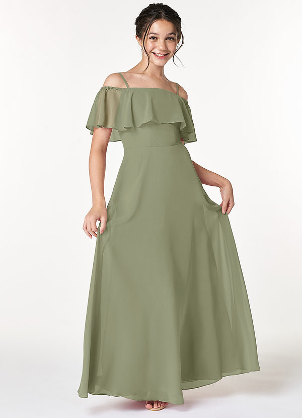 Azazie Maggie Junior Pistachio A-Line Off the Shoulder Chiffon Dress image1