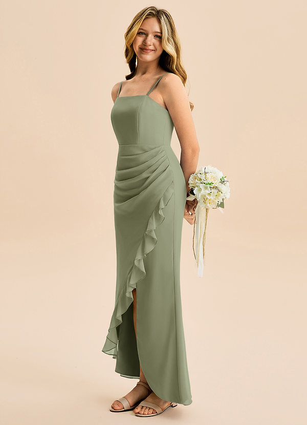 Azazie Buzzy Junior Pistachio Sheath Pleated Chiffon Dress image1