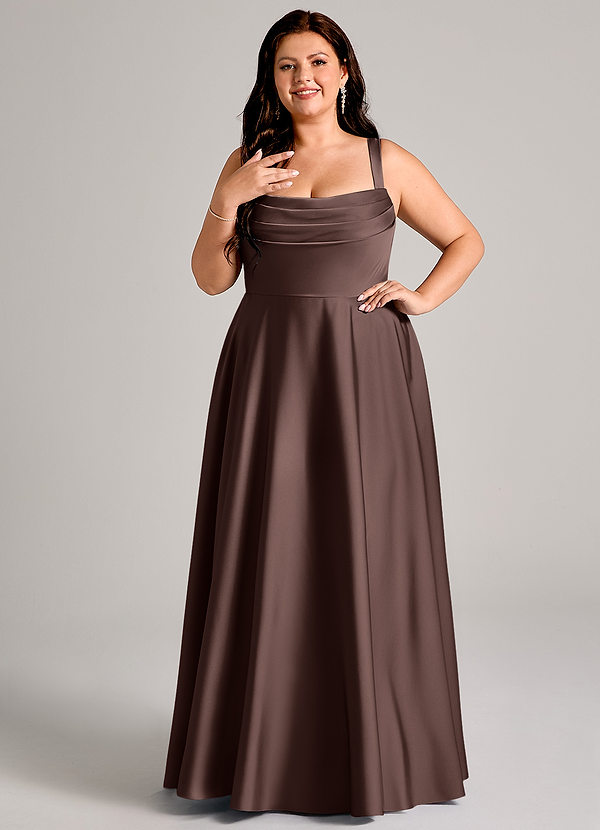 Azazie Shaude Bridesmaid Dresses Ganache A-Line Pleated Stretch Satin Dress image1