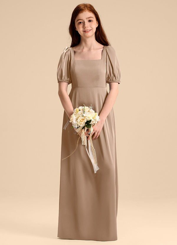 Azazie Briar Junior Robe Trapèze en Satin extensible Arc Taupe image1