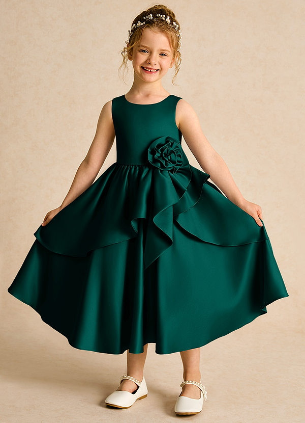Azazie Hermia Blumenkinder Kleider A-Linie ärmellos Matte Satin Kleid Kiefer image1