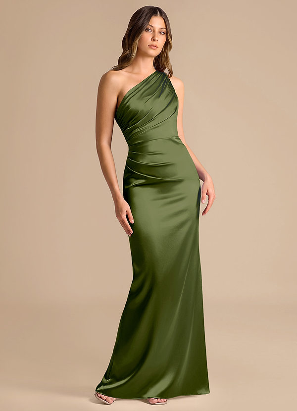 Azazie Akilah Bridesmaid Dresses Olive Mermaid One Shoulder Metallic Satin Dress image1