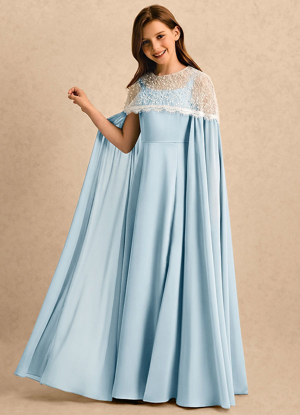 Azazie June Girls Formal Robes de cortège enfant Robe Trapèze en Satin extensible Dentelle Bleu Ciel image1