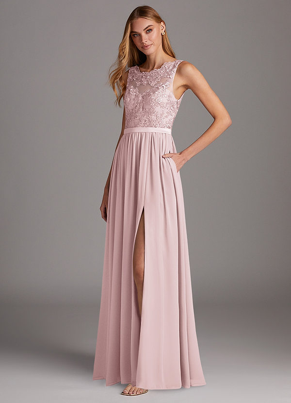 Azazie Elly Abiti da Damigella Abito A-Line in Chiffon Scollo a barchetta in pizzo Rosa Rossore image1