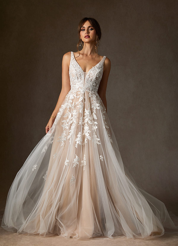 Azazie Sorella Brautkleider A-Linie V-Hals Pailletten Tüll Kleid Diamantweiß Nude image1