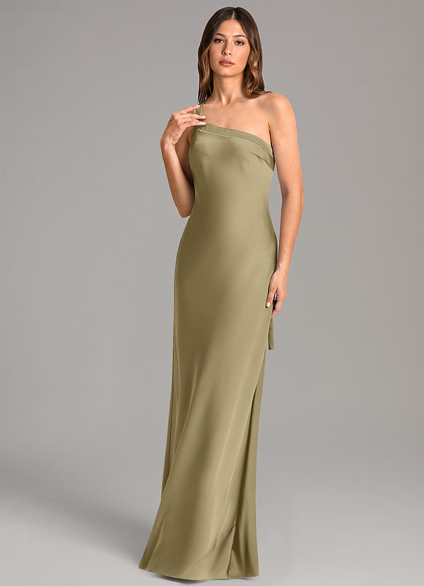 Azazie Monroe Brudtärneklänningar Klä av Sjöjungfru i Stretch Satin Ena axeln Mossgrön image1