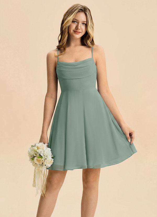 Azazie Bear Junior Silver Sage A-Line Pleated Chiffon Dress image1