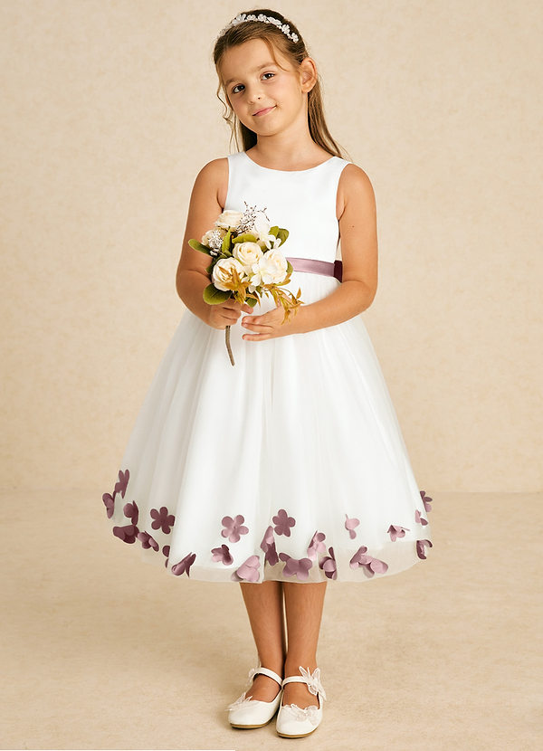 Azazie Dot Flower Girl Dresses Ivory Dusty Rose A-Line Bow Tulle Dress image1