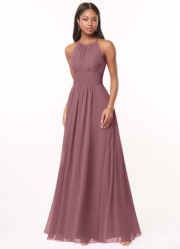 Azazie Bonnie Brautjungfernkleider A-Linie Schlüsselloch Gerüscht Chiffon Kleid Amethyst image1
