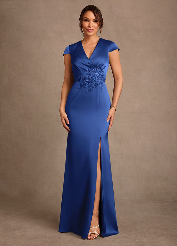 Azazie Rilda Mother of the Bride Dresses Vestido Royal Blue de Cetim elástico de Bainha com Renda image1