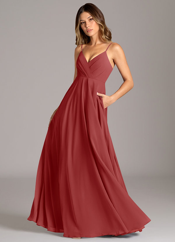 Azazie Amani Bridesmaid Dresses Rust A-Line Pleated Chiffon Dress image1