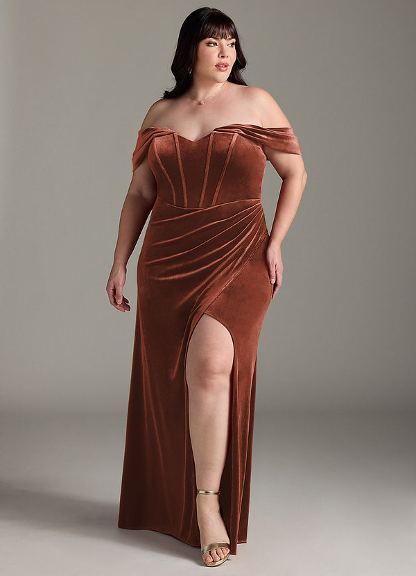 Azazie Jas Bridesmaid Dresses Terracotta Sheath Off-The-Shoulder Corset Velvet Convertible Dress image1