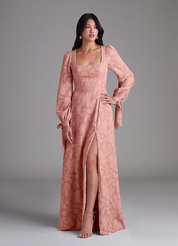 Azazie Leonia Bridesmaid Dresses Rosette A-Line Long Sleeve Floral Burnout Dress image1