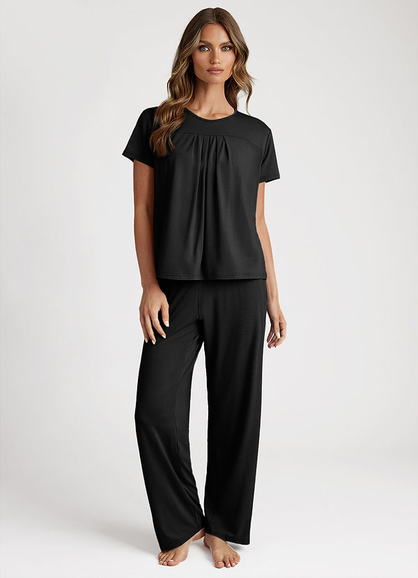 front Czarny Bamboo Fiber Pleated T-Shirt and Pants Pajama Set