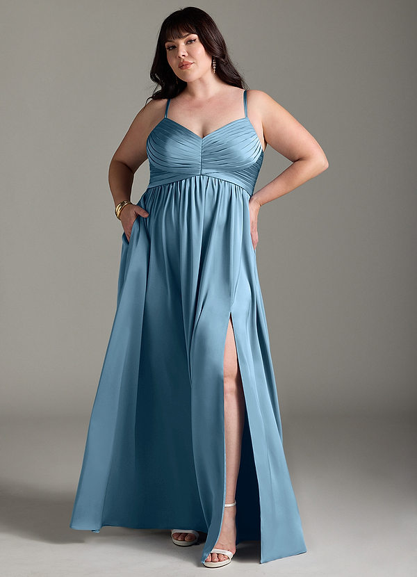 Azazie Alia Abiti da Damigella Abito A-Line in Raso Elasticizzato Plissettato Blu Acciaio image1