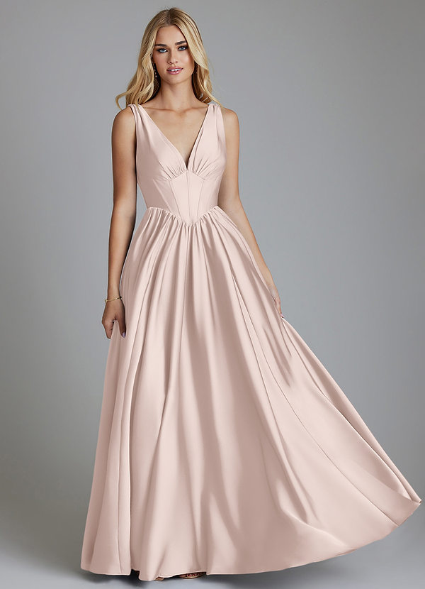 Azazie Delmie Vestidos Dama de Honor Vestido de Rosa Rubor de Satén Elástico de Corte en A con Corsé image1