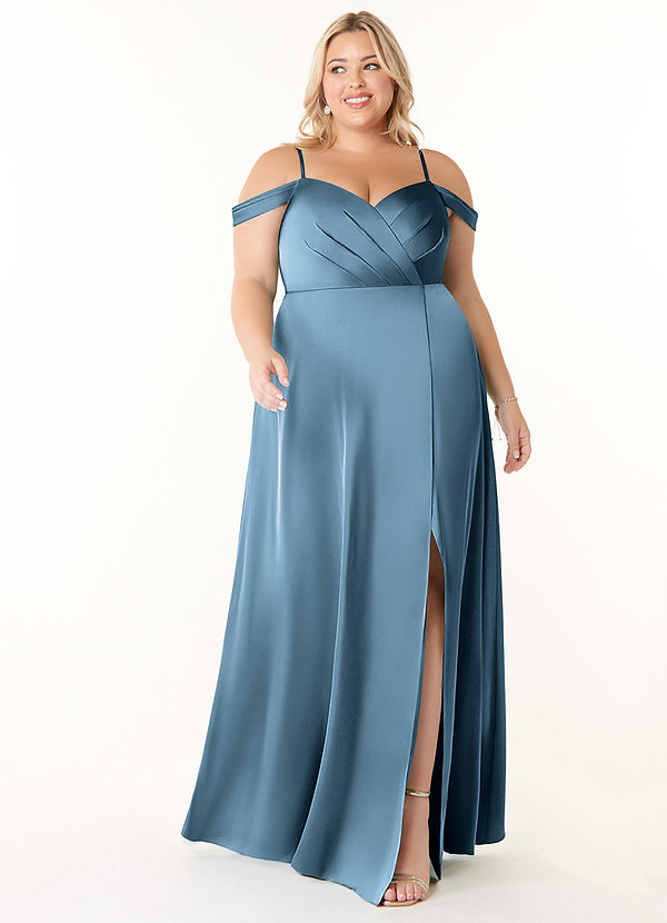 Azazie Ocean Bridesmaid Dresses Steel Blue A-Line V-Neck Pleated Stretch Satin Dress image1