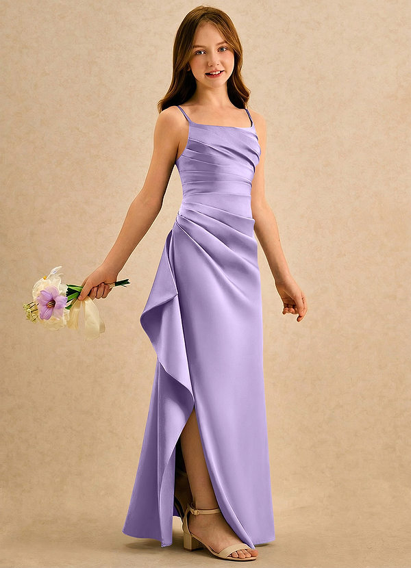 Azazie Cannoli Girls Formal Sukienki dla dziewczynek sypiących kwiaty Linia A Pofałdowany Matowy satynowy Długość podłogi Sukienka image1