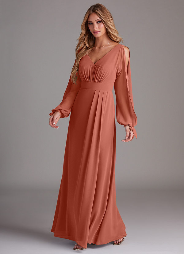 Azazie Matilda Suknie dla druhen Linia A Długi rękaw Szyfon Do ziemi Sukienka image1