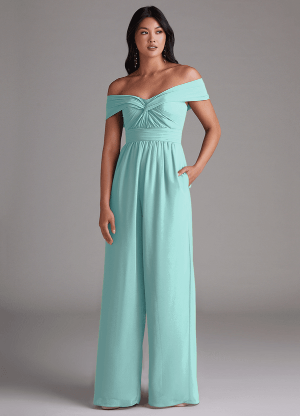Azazie Lamara Robes Demoiselle d'honneur Combinaison Convertible en Mousseline de soie Épaule décolletée Aqua image1