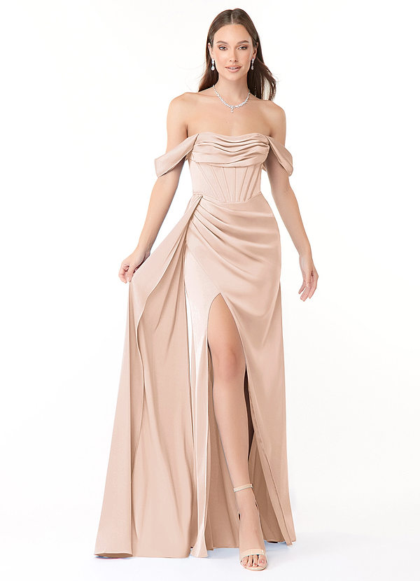 Azazie Amyra Bridesmaid Dresses Blushing Pink Sheath Convertible Stretch Satin Dress image1