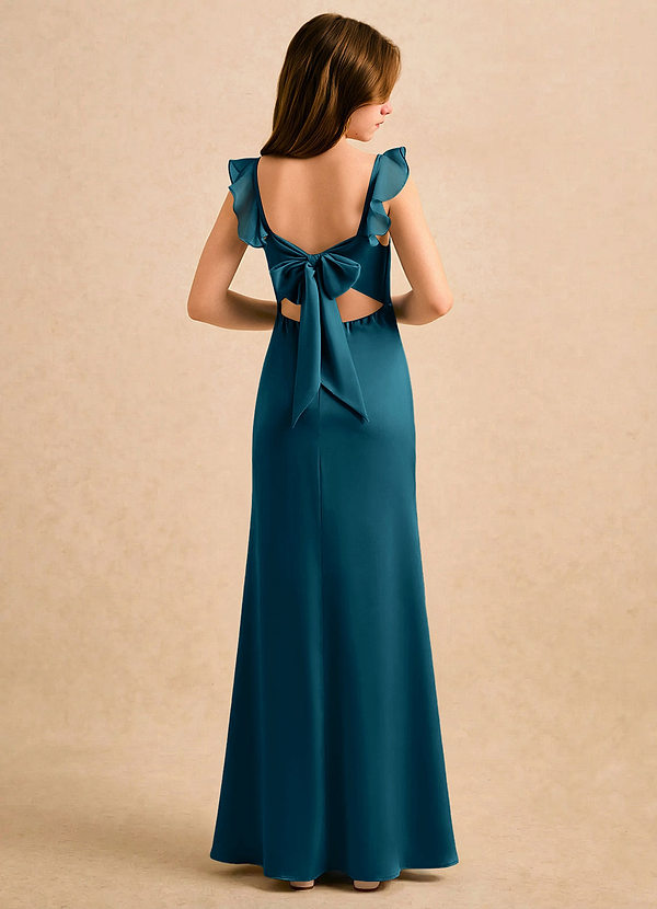 Azazie Novalie Girls Formal Flower Girl Dresses Ink Blue Mermaid Bow Stretch Satin Dress image1