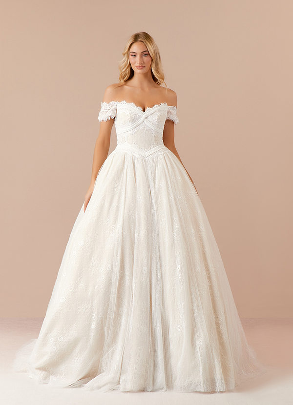 Azazie Beatriz Wedding Dresses Ball-Gown Off the Shoulder Lace Chapel Train Dress image1