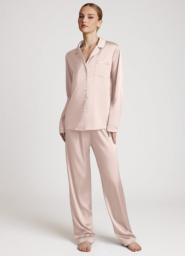 front Rosa Rubor Conjunto de pijama de satén de manga larga y pantalón