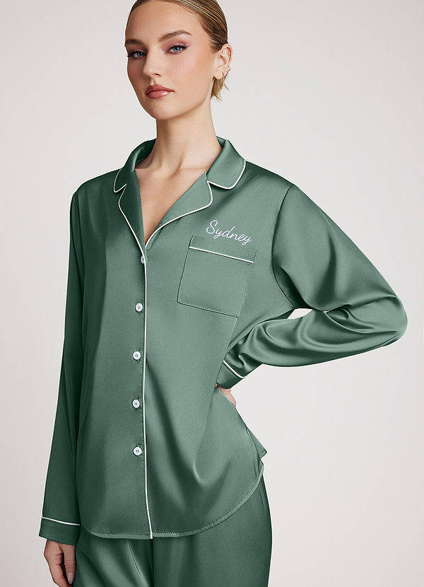 front Eucalyptus Personalized Embroidered Ruffled Long-Sleeve Pajama Set