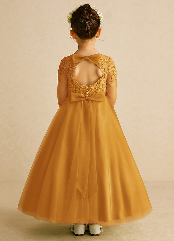 Azazie Precious Flower Girl Dresses Butterscotch A-Line Lace Tulle Dress image1