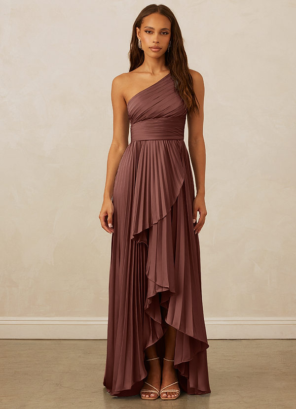 Christian Siriano Bridal for Azazie 1008 Bridesmaid Dresses Espresso A-Line One Shoulder Stretch Satin Dress image1